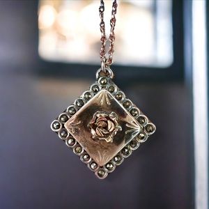 Vintage Silver Handmade 3-D Rose square pendant with Marcasite estate piece